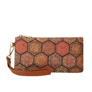 Bohemian cork clutch wallet for women, vintage geometric print wristlet purse with zipper.