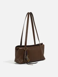 Classic brown shoulder bag for women, stylish vintage underarm bag with long straps and chic charm.