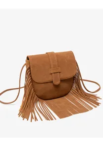 Detailed view of the brown faux suede western fringe shoulder bag showcasing texture.