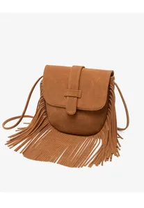 Detailed view of the vintage brown faux suede crossbody bag with stylish long fringe details.