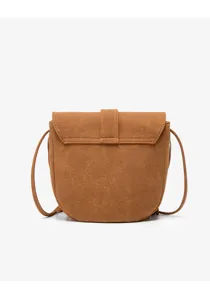 Detailed close-up of the vintage brown faux suede crossbody shoulder bag flap and buckle.