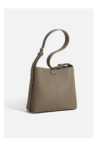 Detailed view of the elegant gray leather shoulder bag showcasing fine texture and hardware.