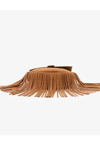 Brown suede fringe crossbody bag detail view showcasing rich texture and classic western boho style.