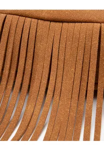 Brown faux suede fringe bag detail close up, western style vintage crossbody accessory