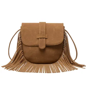 Retro suede fringe crossbody bag for women, stylish western shoulder bag main view.