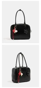 Bolso de hombro de cuero negro retro para mujer gran capacidad bolso de trabajo casual detalle