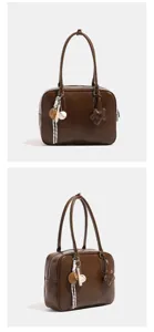 Bolso de mano marron retro de gran capacidad para mujer bolso de hombro con colgante.