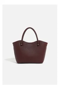 Burgundy leather tote bag for women, stylish minimalist handbag with top handles for daily commute.