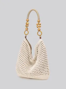 Beige crochet woven shoulder bag with wooden bead handle for women beach casual daily use