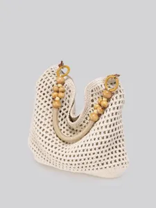 Handcrafted crochet cotton woven shoulder tote bag for women with chic wooden bead handles.