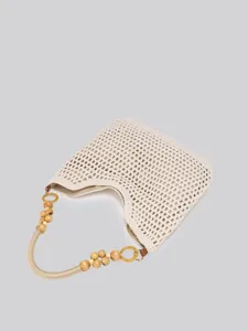 Beige crochet shoulder bag for women, hollow design with wooden beads handle, beach handbag.