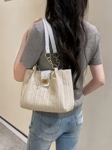 Womens spring woven shoulder bag stylish tote bag large capacity casual handbag main view