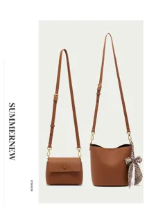 Stylish brown leather bucket bag and shoulder bag set for women, chic design with scarf accessory.