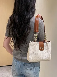 Large capacity woven tote bag for women stylish straw shoulder handbag casual daily use