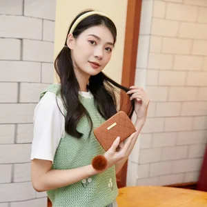 Women short quilted coin purse fashion card holder minimalist brown wallet with fluffy ball