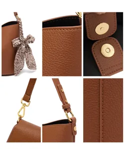 Brown leather bucket bag detail showing premium texture, stitching, and hardware clasp.