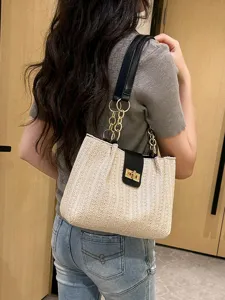 Spring woven tote bag for women, Korean style fashion large capacity shoulder bag with chain.