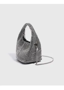 Detailed view of a sparkling rhinestone bucket bag with luxury chain strap and crystals.