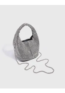 Sparkling rhinestone bucket bag with metal chain strap, luxury style women shoulder bag.