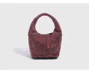 Pink Rhinestone Hobo Handbag Women Sparkly Crystal Bucket Bag Evening Party Purse