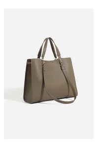 Detailed view of the taupe pebbled leather tote bag, showing dual top handles and structure.