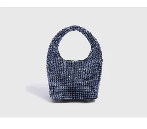 Blue crystal rhinestone hobo bucket handbag, sparkling evening party wrist bag for women.