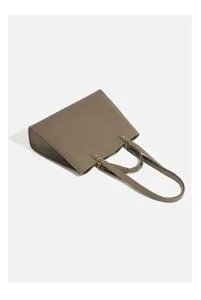 Minimalist taupe lychee pattern leather tote bag, spacious daily shoulder handbag detail.