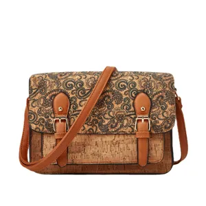 Vintage kurk crossbody tas voor dames, casual retro schoudertas met bloemenprint.