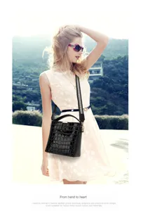 Women patent leather bucket bag, stylish crocodile pattern shoulder crossbody bag with wide strap.