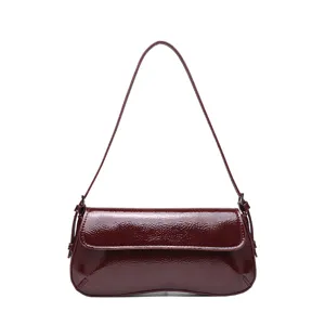 Wine Red Patent Leather Baguette Underarm Shoulder Bag Vintage Retro Flap Handbag