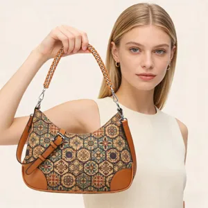 Bohemian Ethnic Style Cork PU Leather Women Shoulder Bag Geometric Print Underarm Bag Retro Fashion Handbag
