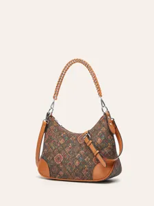 Ethnic retro cork hobo shoulder bag with brown leather trim and braided chain handle design.