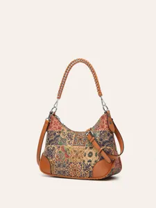 Stylish ethnic cork shoulder bag with patchwork design and braided chain strap for women.
