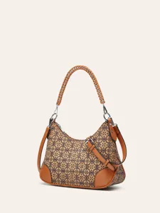Boho chic cork pattern shoulder bag, stylish brown leather trim and braided chain handle detail.
