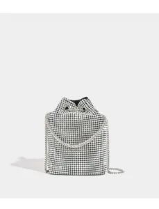 Sparkling rhinestone bucket bag detail shot, elegant crystal mesh crossbody evening handbag for women.