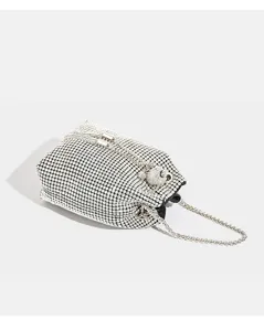 Silver rhinestone crystal bucket bag detail shot, sparkling mesh crossbody handbag chain strap.