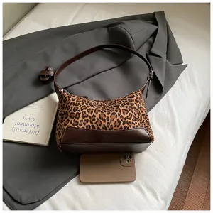 Stylish leopard print underarm shoulder bag with brown leather trim for women autumn.
