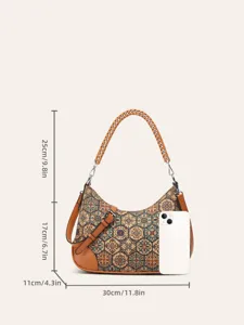 Cork underarm bag detail featuring ethnic geometric print and stylish braided handle.