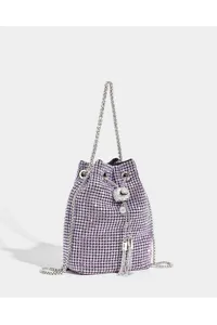 Sparkling rhinestone bucket bag with chain strap and tassel for evening party events.