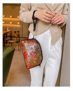 Vintage embossed floral leather handbag hand-painted shoulder bag elegant women purse daily use