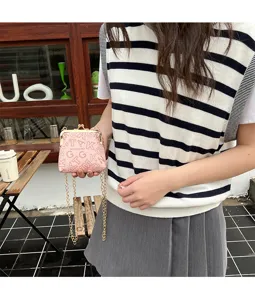 Detailed shot of trendy pink kiss-lock chain bag with stylish letter print for women everyday use