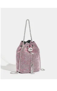 Pink rhinestone bucket bag with sparkling crystals, silver chain strap and chic tassel charm.