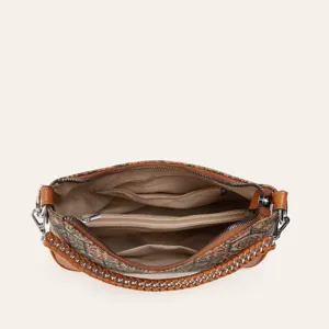 Ethnic style cork underarm shoulder bag with brown leather trim and chain strap, multi-pocket design