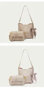 Elegant bucket bag and crossbody bag set featuring a stylish printed scarf detail for modern women.