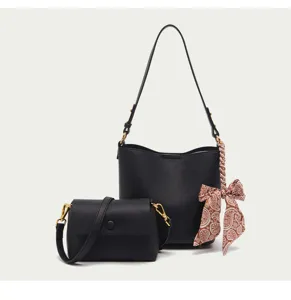 Black bucket bag and small crossbody set, large capacity leather handbag with chic scarf accent.
