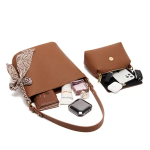 Stylish brown leather bucket bag set with scarf, large capacity elegant shoulder handbag.