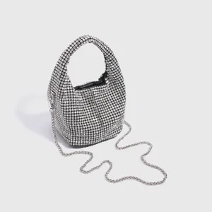 Sparkling rhinestone bucket bag with silver chain strap, elegant evening shoulder handbag.