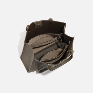 Grey-brown lychee pattern large capacity women's tote bag multi-compartment casual shoulder bag