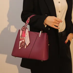 Wine Red Large Capacity Handbag Stylish Shoulder Crossbody Bag with Scarf Main Image