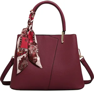 Elegant red leather handbag for women, large capacity shoulder bag with stylish printed silk scarf.